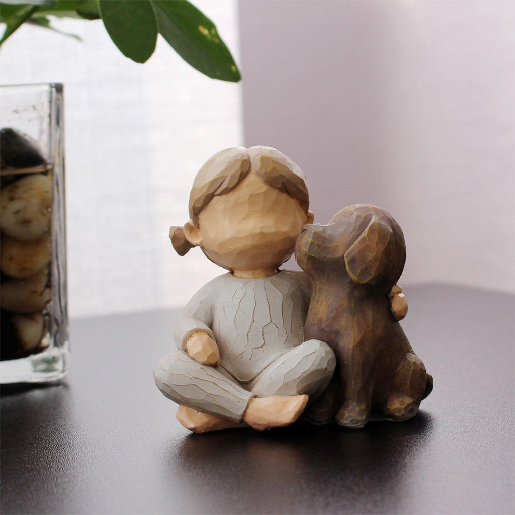 Sunicon Girl and Dog Statue, Resin Exquisite Desktop Girl Holding Dog Figurine Ornament for Bedroom Living Room Decor