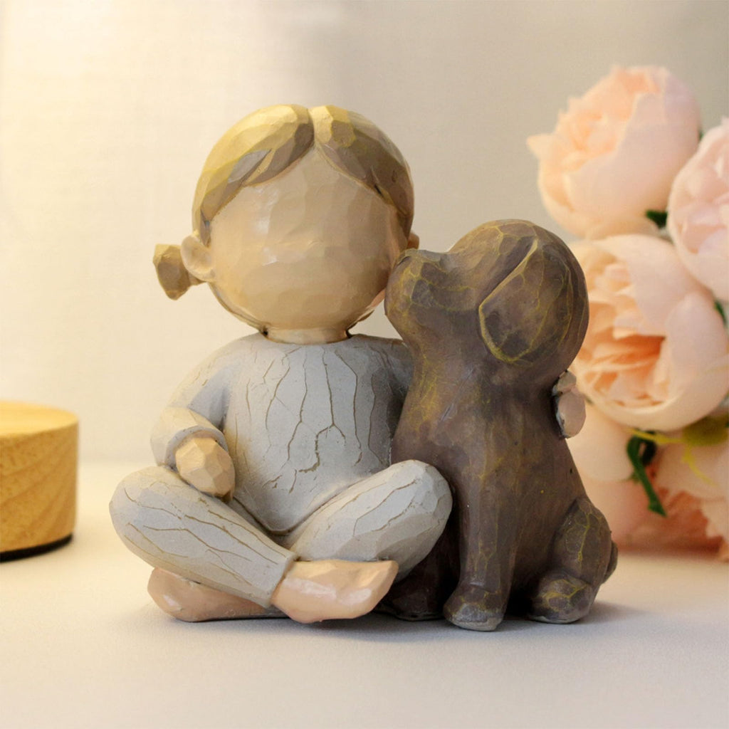 Sunicon Girl and Dog Statue, Resin Exquisite Desktop Girl Holding Dog Figurine Ornament for Bedroom Living Room Decor