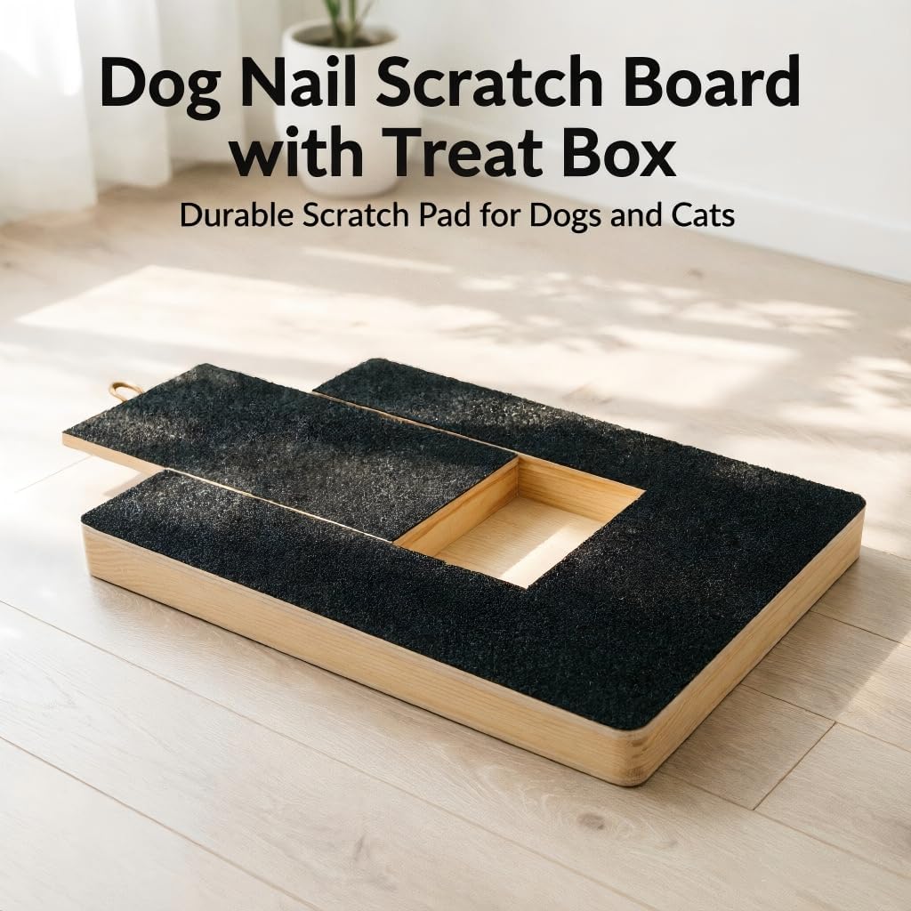 Dog Nail Scratch Board with Treat Box, Durable Scratch Pad Board with 2 Spare Sandpapers, Indoor Pet Paw Care Trim Tool for Stress Free Nails