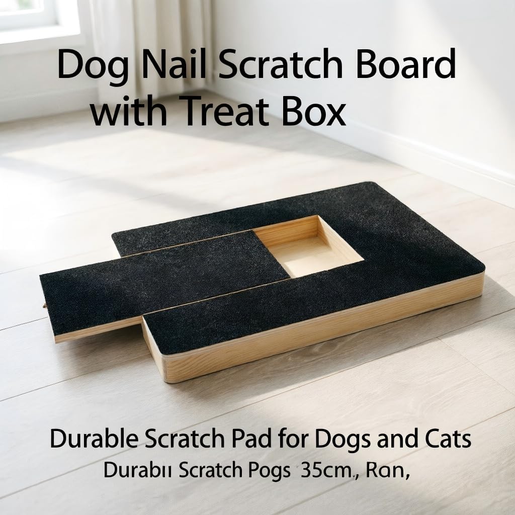 Dog Nail Scratch Board with Treat Box, Durable Scratch Pad Board with 2 Spare Sandpapers, Indoor Pet Paw Care Trim Tool for Stress Free Nails