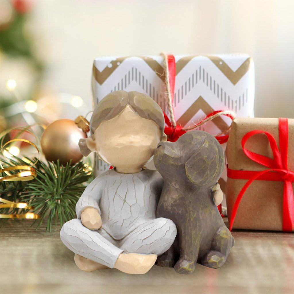 Sunicon Girl and Dog Statue, Resin Exquisite Desktop Girl Holding Dog Figurine Ornament for Bedroom Living Room Decor