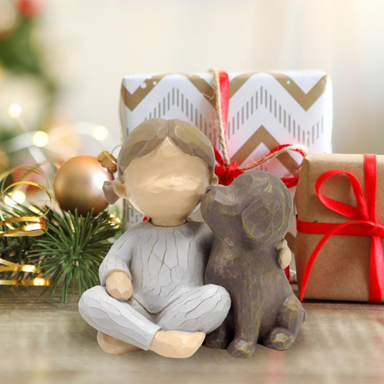Sunicon Girl and Dog Statue, Resin Exquisite Desktop Girl Holding Dog Figurine Ornament for Bedroom Living Room Decor