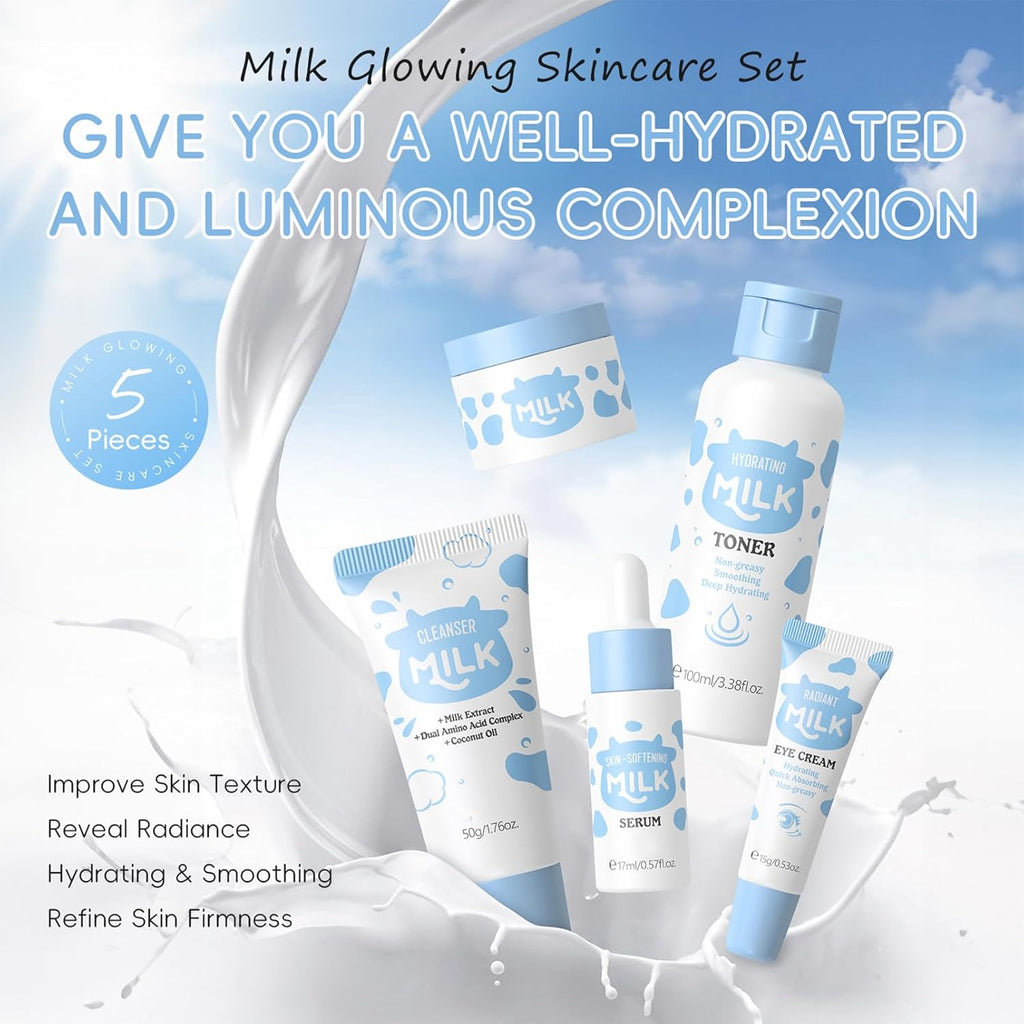 5PCS Milk Skin Care Set for Kids & Women – Skin Care for Teens 10-12, Skincare for Girls 10-12, Milk Skincare Set with Cleanser, Toner, Serum, Face Cream & Eye Cream – Gentle Daily Hydration Routine