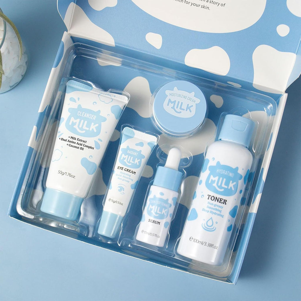 5PCS Milk Skin Care Set for Kids & Women – Skin Care for Teens 10-12, Skincare for Girls 10-12, Milk Skincare Set with Cleanser, Toner, Serum, Face Cream & Eye Cream – Gentle Daily Hydration Routine